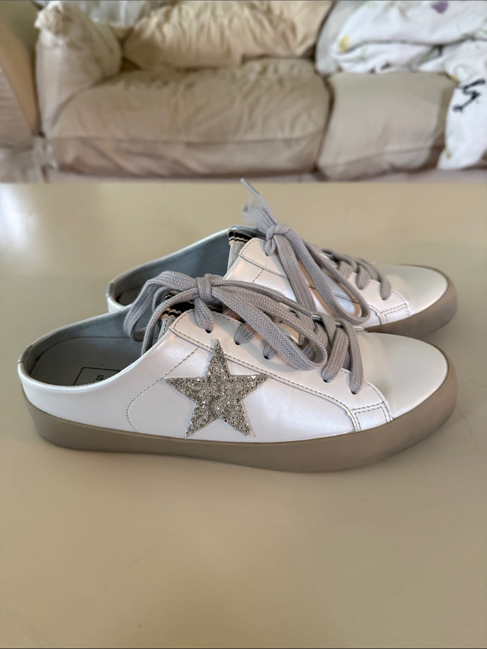 Women’s White Slip-On Sneaker with Silver Star Accent (pearl polka)